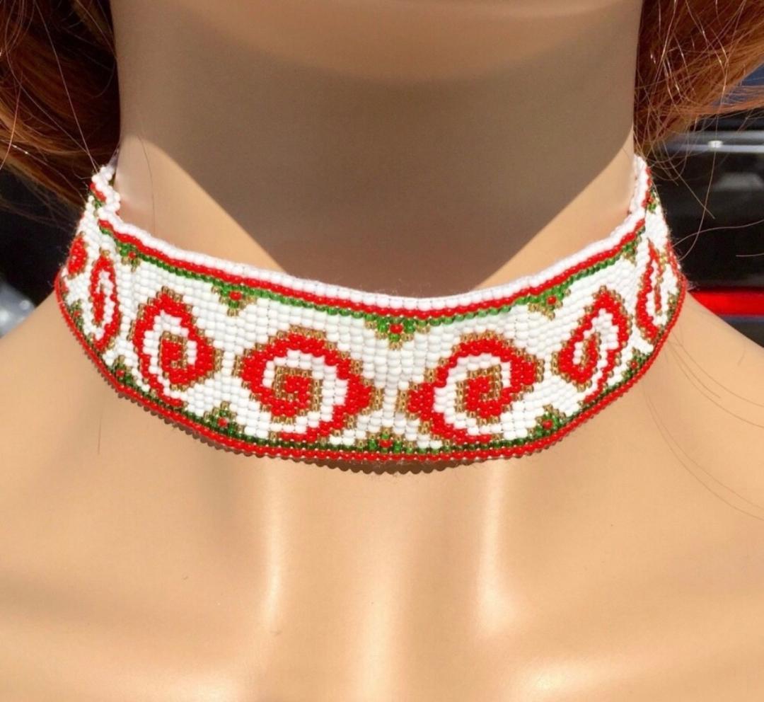 Native American-Inspired Handmade Beaded Choker Necklace & Earrings Set | White & Red Design - Aki Trading Post