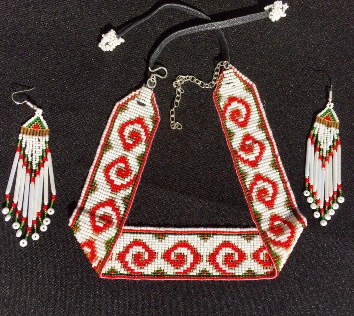 Native American-Inspired Handmade Beaded Choker Necklace & Earrings Set | White & Red Design - Aki Trading Post