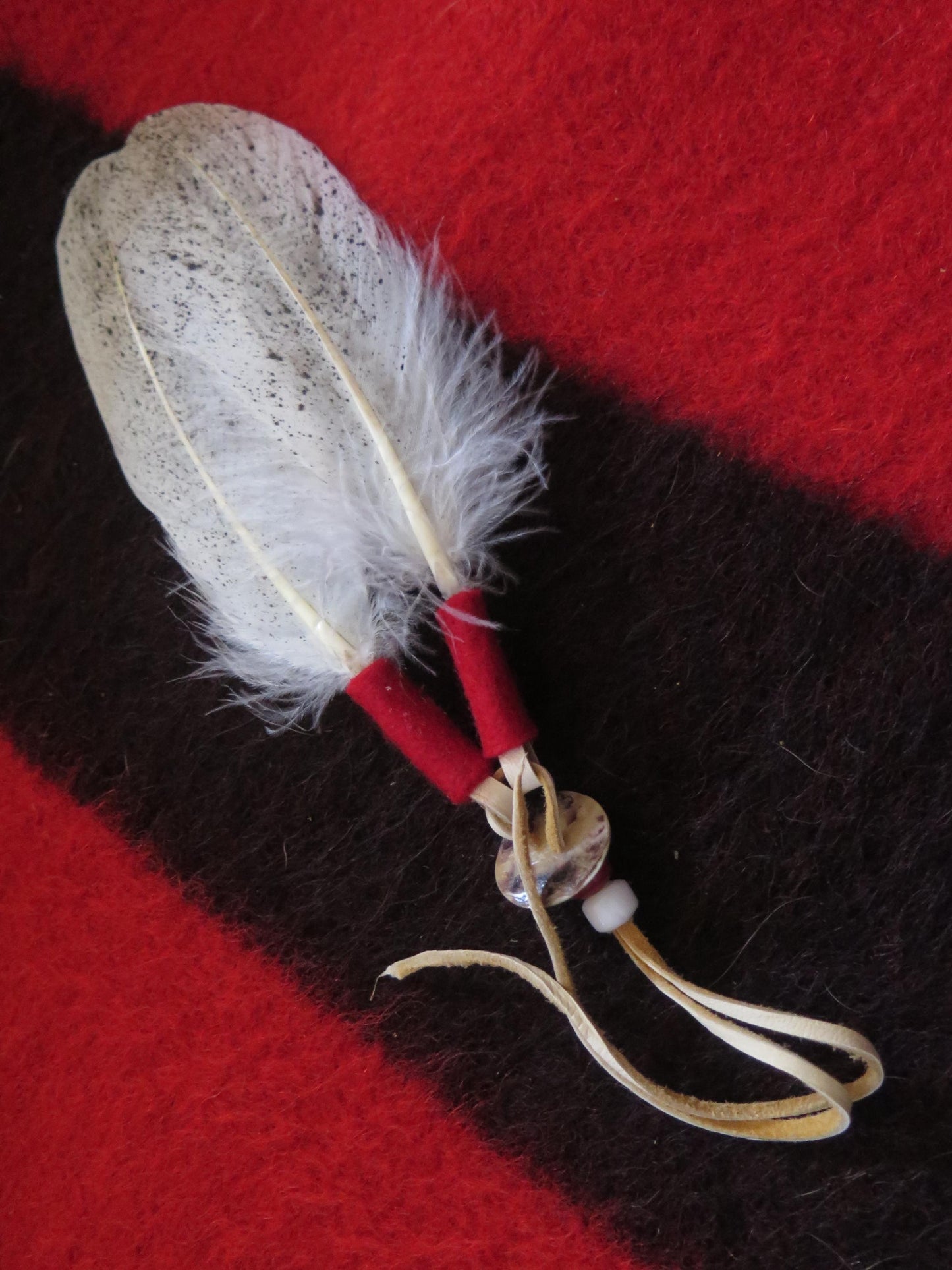 Native American Handmade Feather Hair Tie | Hand-Painted Bald Eagle Feathers with Abalone Shell & Trade Beads - Aki Trading Post