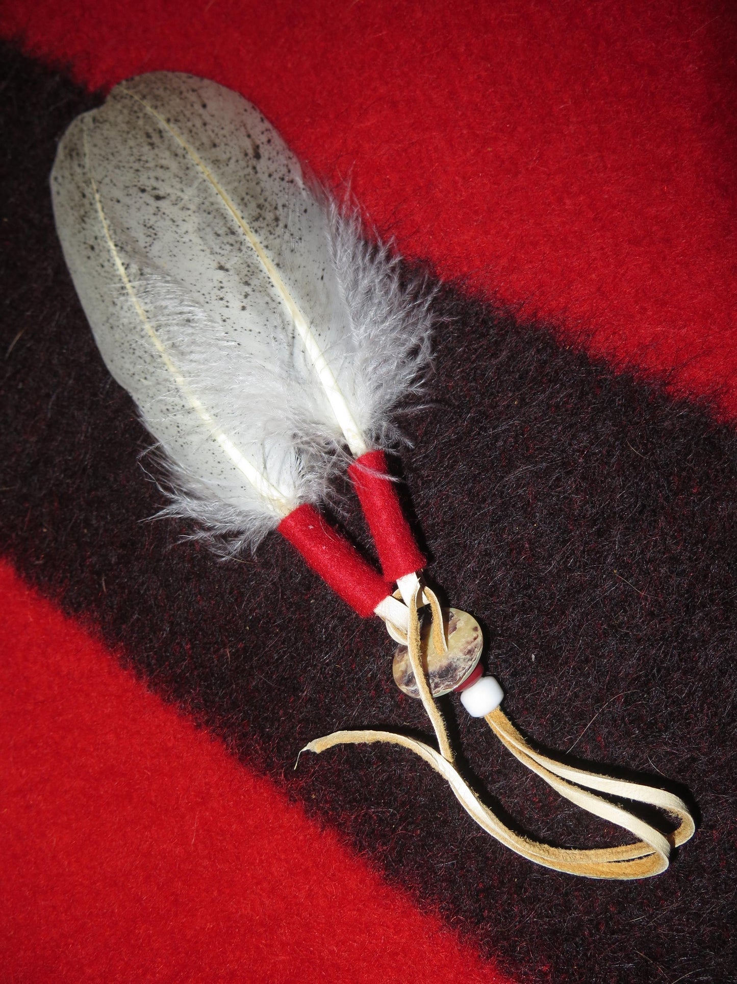 Native American Handmade Feather Hair Tie | Hand-Painted Bald Eagle Feathers with Abalone Shell & Trade Beads - Aki Trading Post