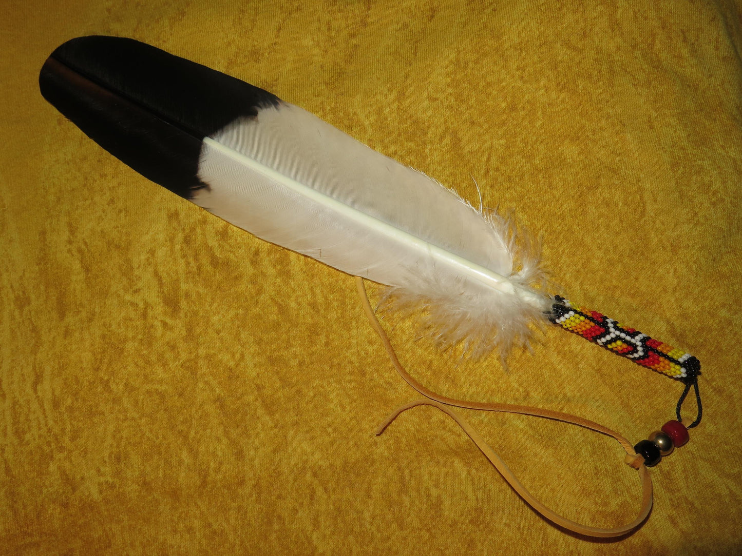 Native American Handmade Beaded Golden Eagle Feather | Smudging Feather, Feather Tie, or Hair Tie - Aki Trading Post