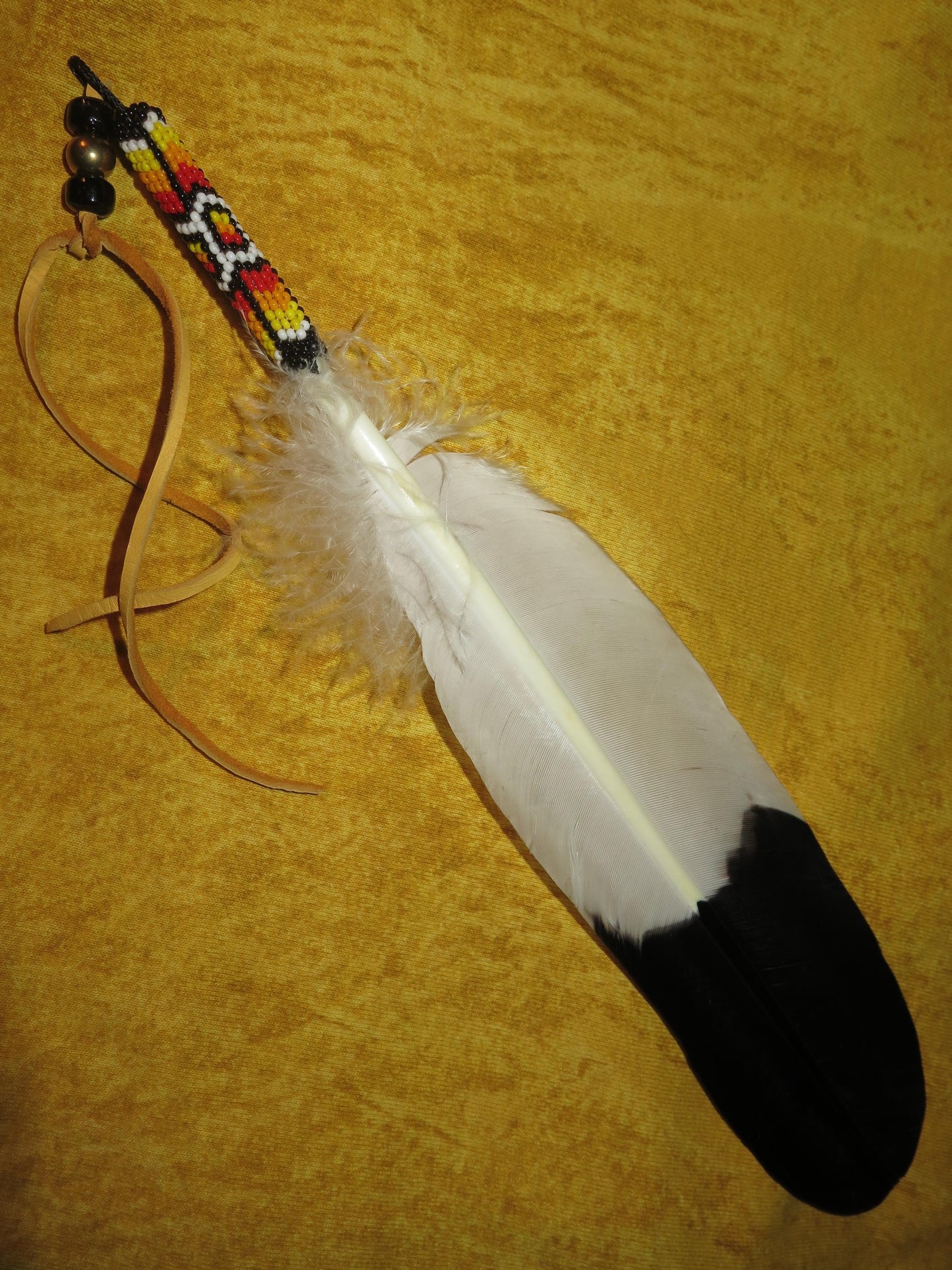Native American Handmade Beaded Golden Eagle Feather | Smudging Feather, Feather Tie, or Hair Tie - Aki Trading Post