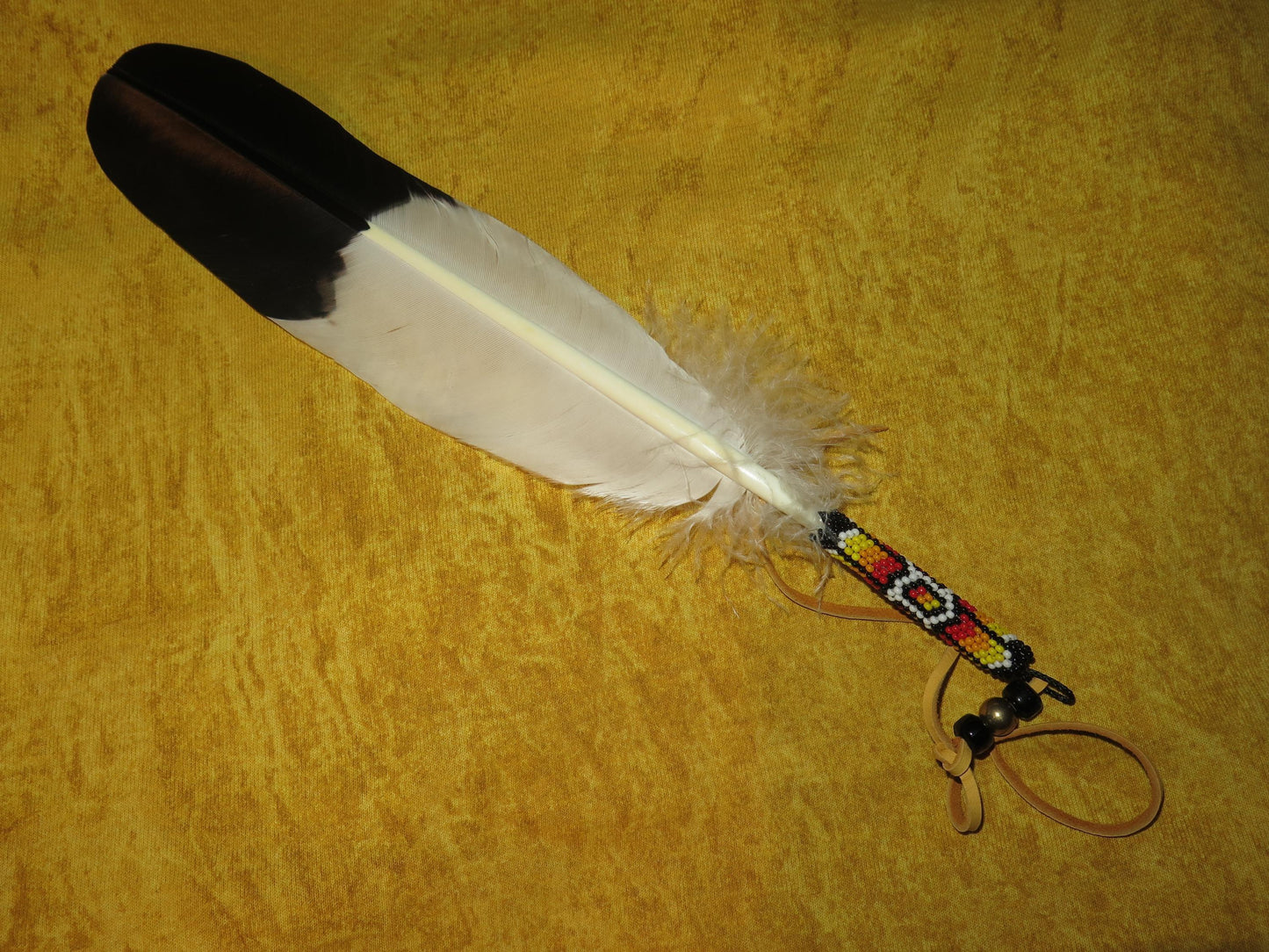 Native American Handmade Beaded Golden Eagle Feather | Smudging Feather, Feather Tie, or Hair Tie - Aki Trading Post