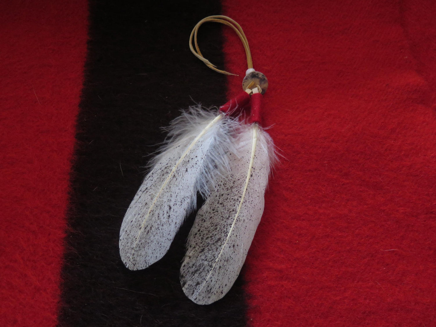 Native American Handmade Feather Hair Tie | Hand-Painted Bald Eagle Feathers with Abalone Shell & Trade Beads - Aki Trading Post