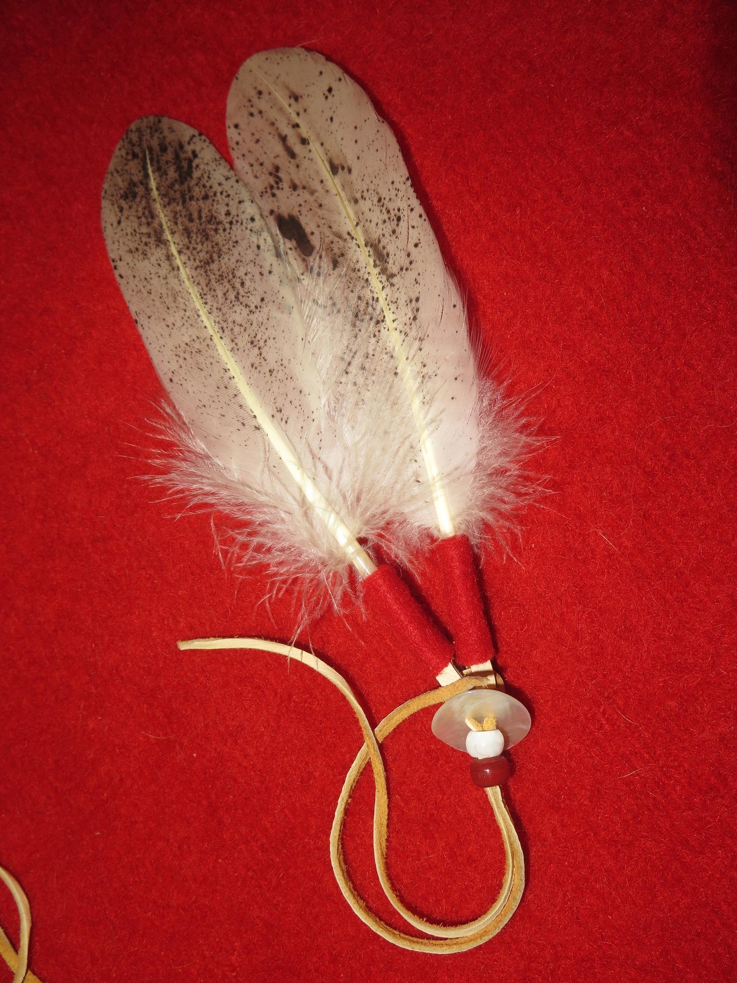 Native American Handmade Feather Hair Tie | Hand-Painted Bald Eagle Feathers with Abalone Shell & Trade Beads - Aki Trading Post