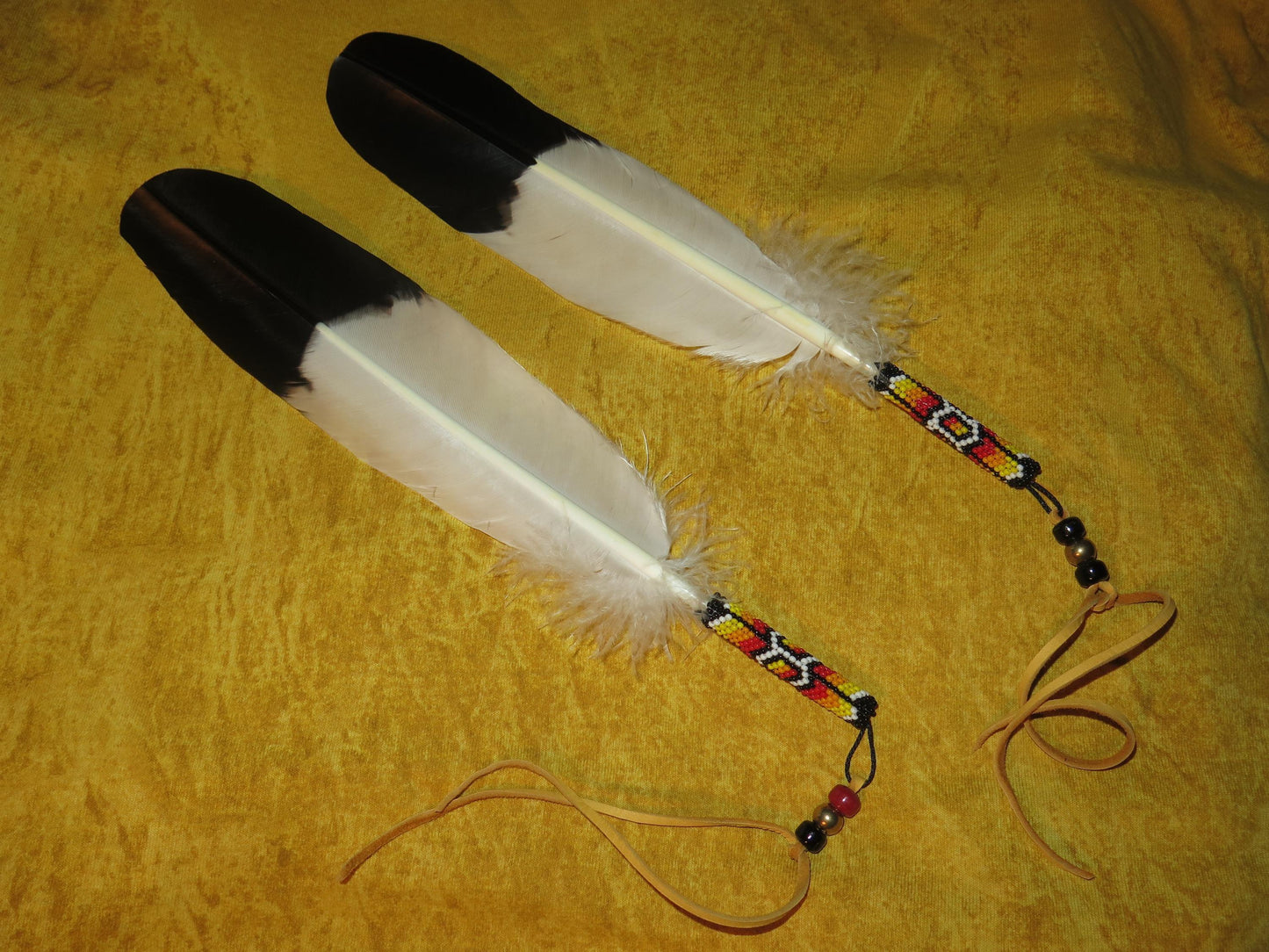 Native American Handmade Beaded Golden Eagle Feather | Smudging Feather, Feather Tie, or Hair Tie - Aki Trading Post