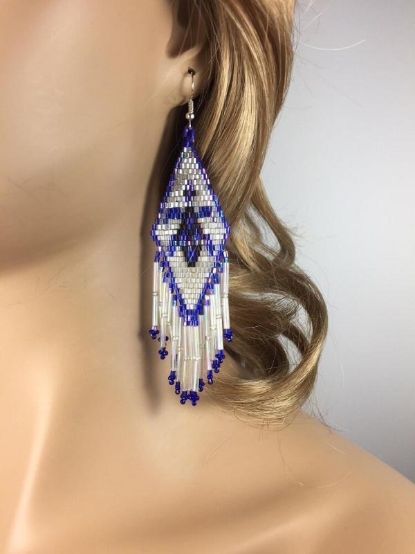 Turtle Handmade Native American Beaded White glass Iris Blue Seed Bead Turtle Big Earrings, Jewelry