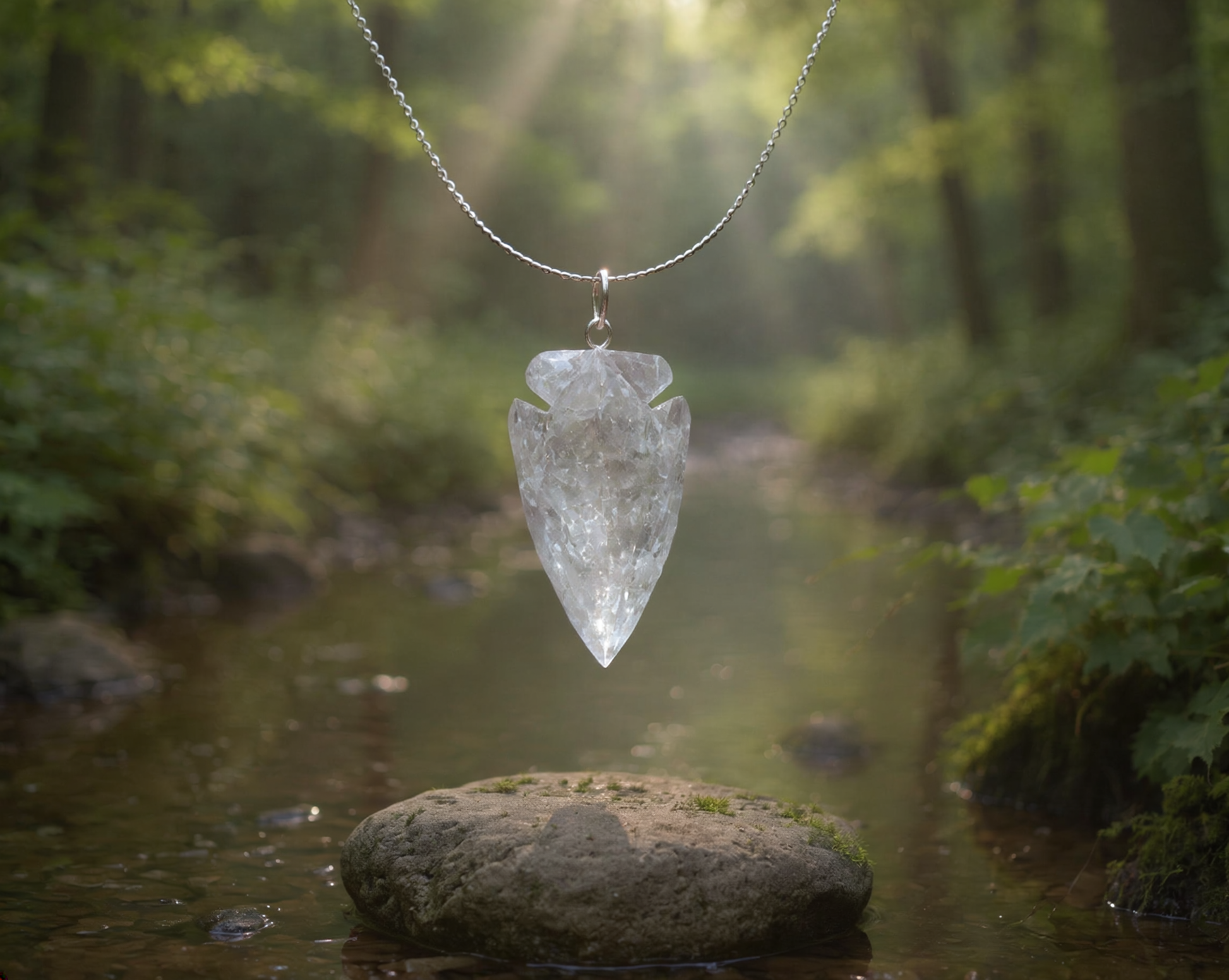 Crystal Quartz Arrowhead Pendant Native American-Made Hand-Knapped Serpentine Sterling Silver Necklace - Aki Trading Post