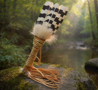 Snowy Owl Prayer Fan Wand Native American-Made 4-Feather Handcrafted Smudge & Ceremonial Fan - Aki Trading Post