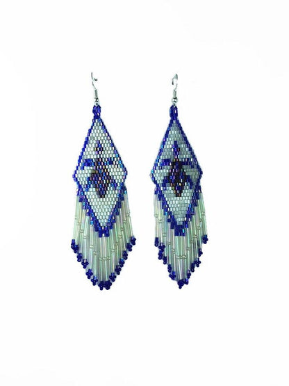 Turtle Handmade Native American Beaded White glass Iris Blue Seed Bead Turtle Big Earrings, Jewelry