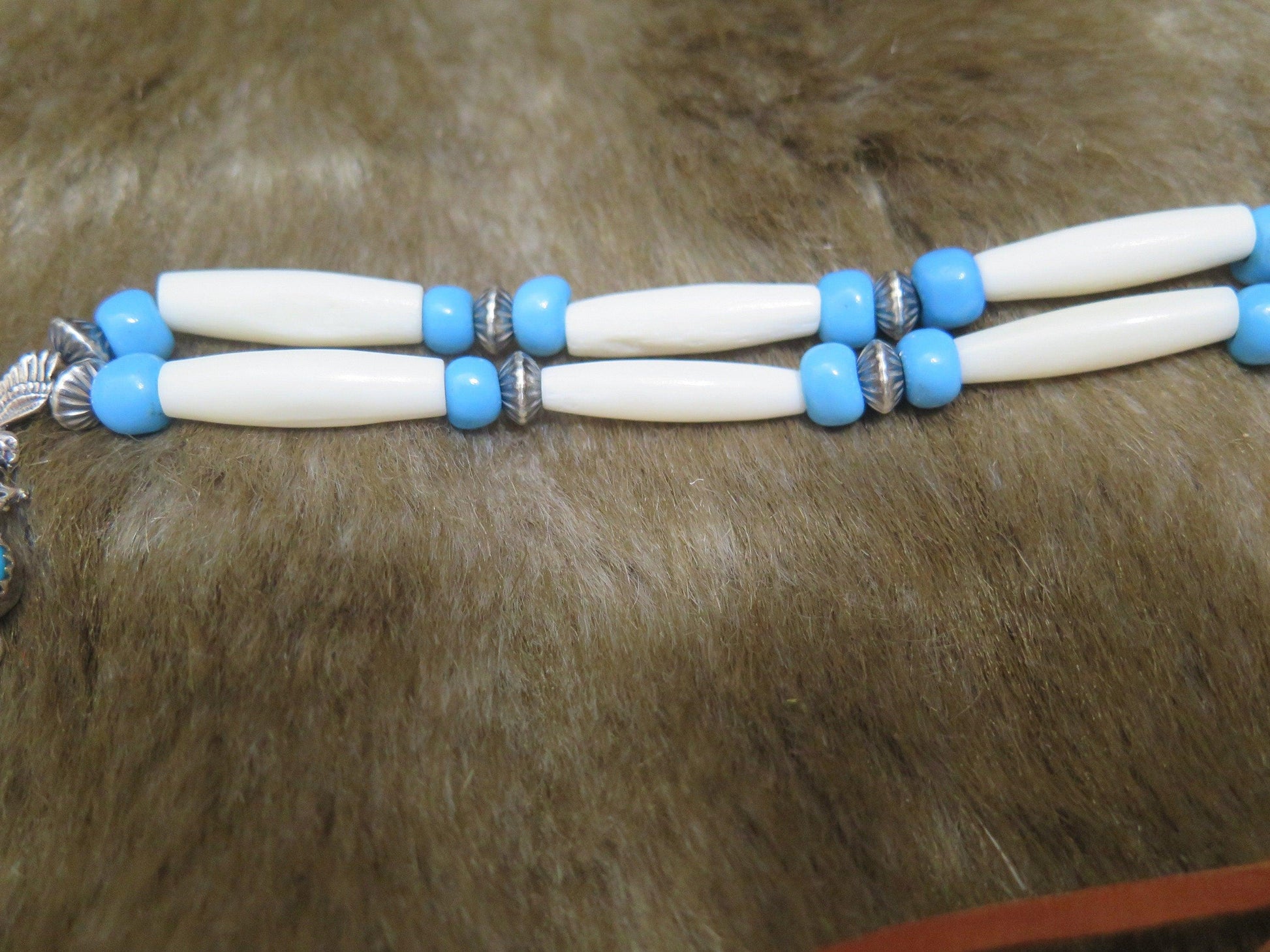 Vintage Native American Sterling Silver Turquoise Eagle Pendant Necklace | Navajo Bone Choker with Glass Beads - Aki Trading Post