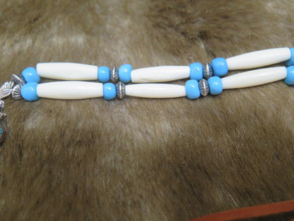 Vintage Native American Sterling Silver Turquoise Eagle Pendant Necklace | Navajo Bone Choker with Glass Beads - Aki Trading Post