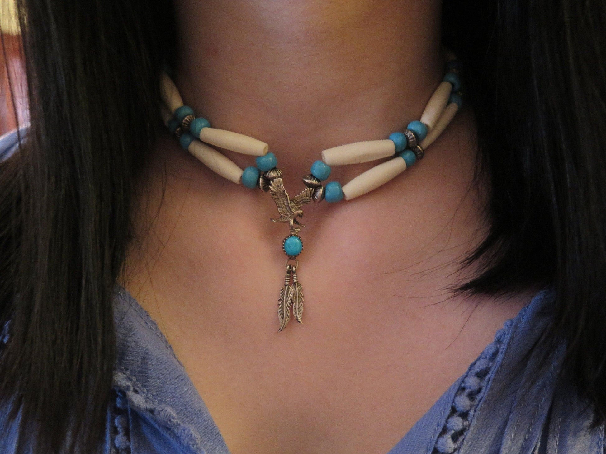 Vintage Native American Sterling Silver Turquoise Eagle Pendant Necklace | Navajo Bone Choker with Glass Beads - Aki Trading Post
