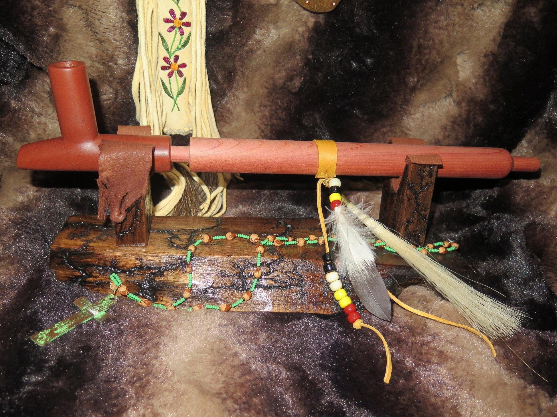 Native American Handmade Catlinite Peace Pipe | Sacred Ceremonial Pipe with Cedar Stem & Decorated Display Stand - Aki Trading Post