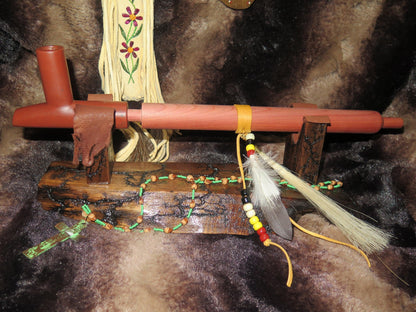 Native American Handmade Catlinite Peace Pipe | Sacred Ceremonial Pipe with Cedar Stem & Decorated Display Stand - Aki Trading Post