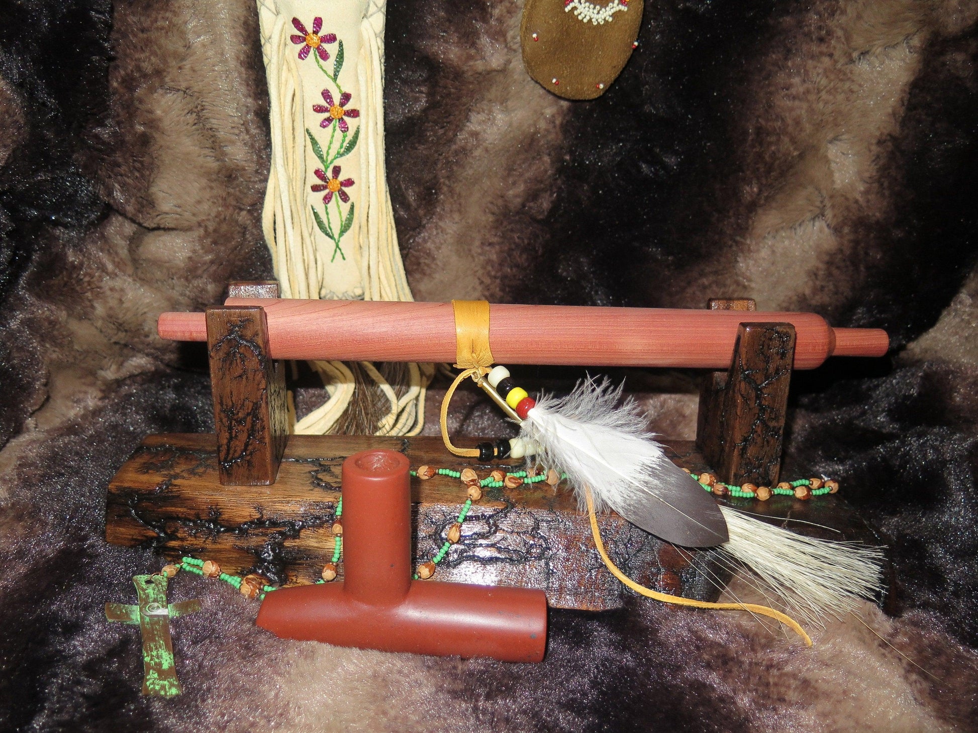 Native American Handmade Catlinite Peace Pipe | Sacred Ceremonial Pipe with Cedar Stem & Decorated Display Stand - Aki Trading Post