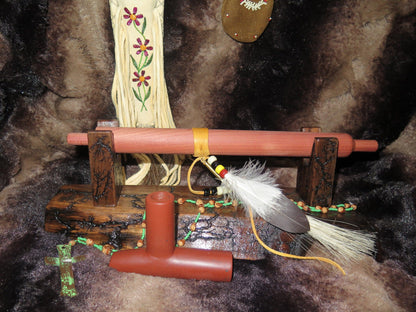 Native American Handmade Catlinite Peace Pipe | Sacred Ceremonial Pipe with Cedar Stem & Decorated Display Stand - Aki Trading Post