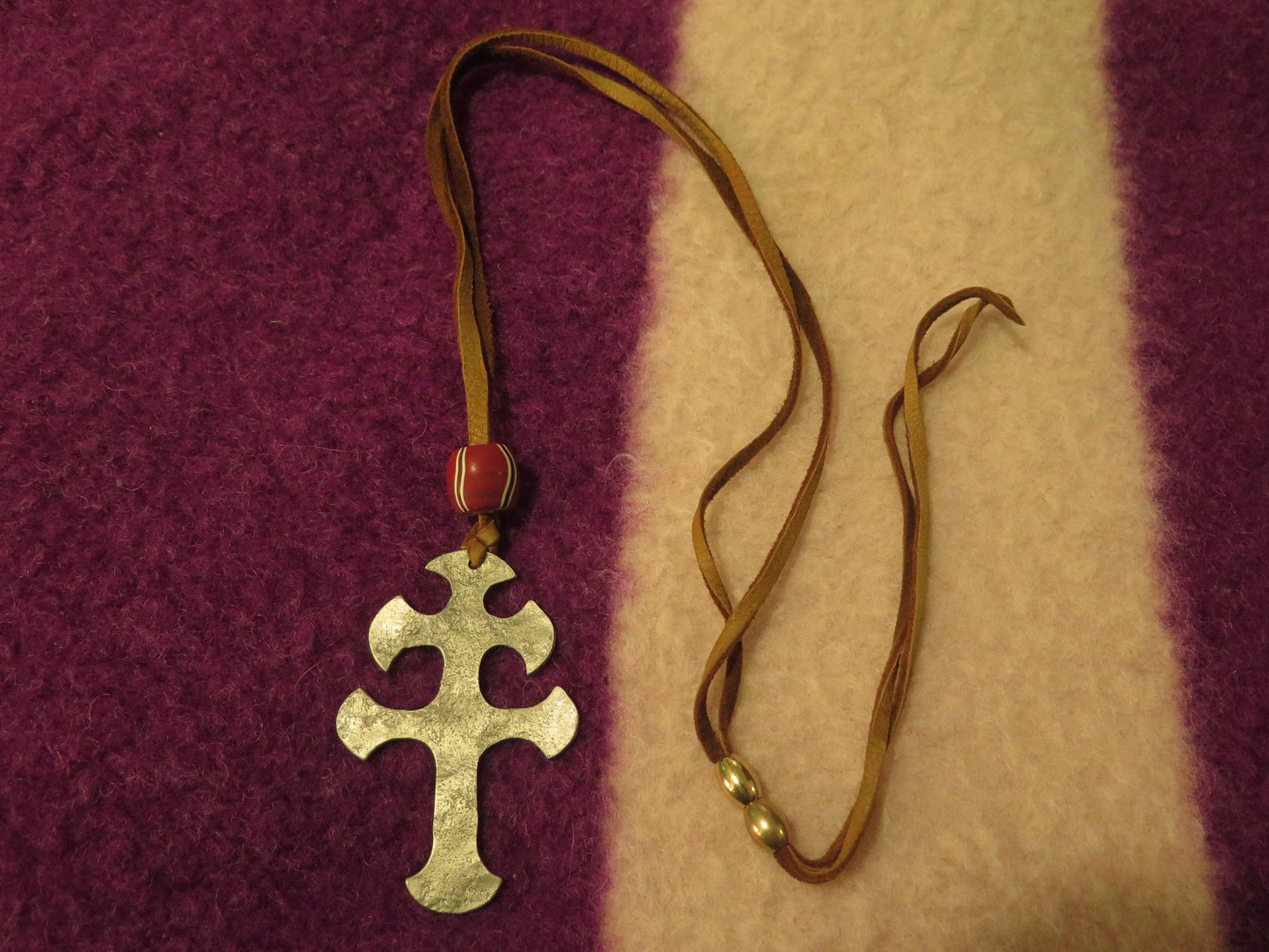 Native American Jewelry | Large Pewter Cross of Lorraine Pendant Necklace with Trade Beads & Brain-Tanned Moose Lace - Aki Trading Post