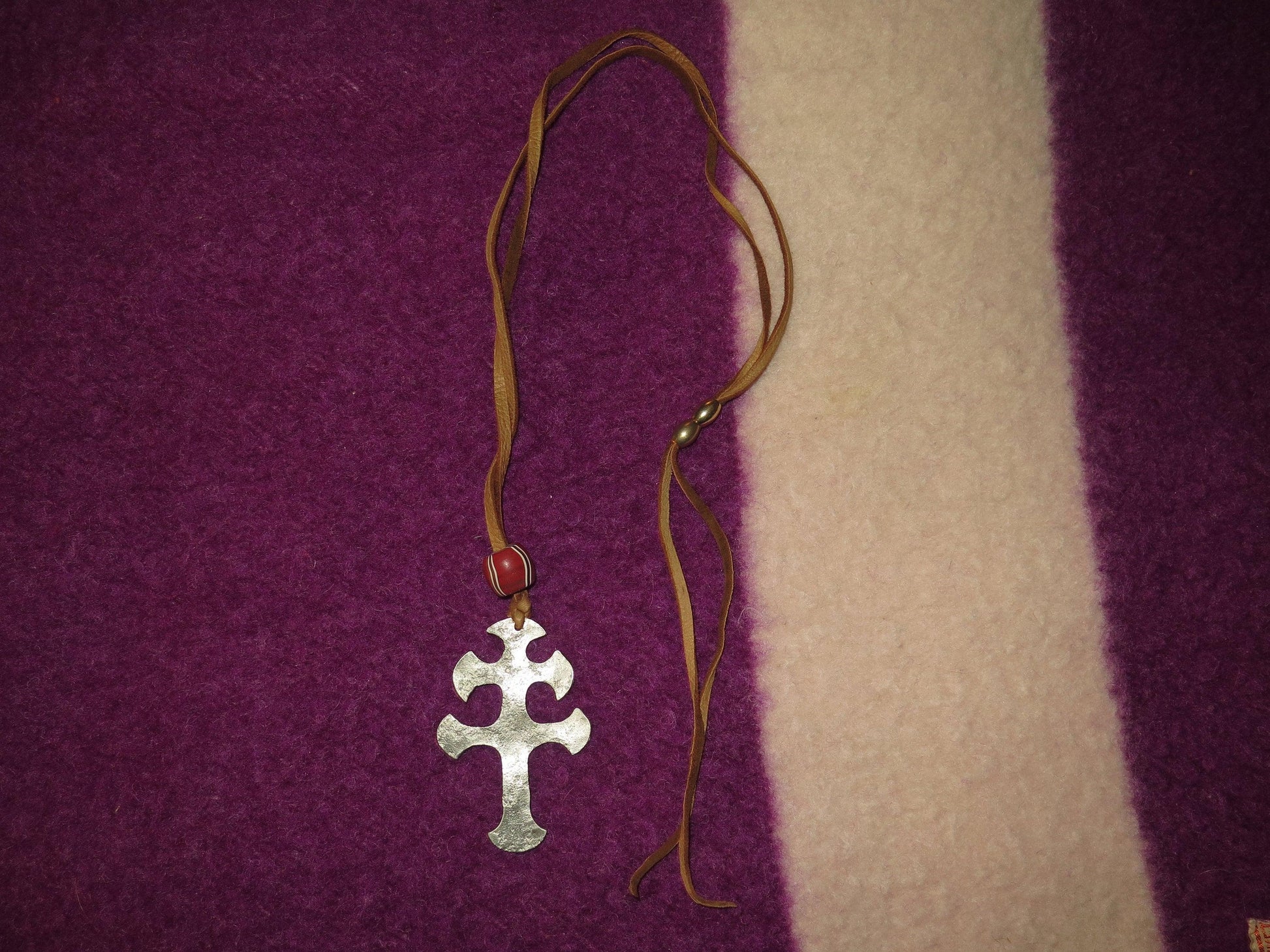 Native American Jewelry | Large Pewter Cross of Lorraine Pendant Necklace with Trade Beads & Brain-Tanned Moose Lace - Aki Trading Post