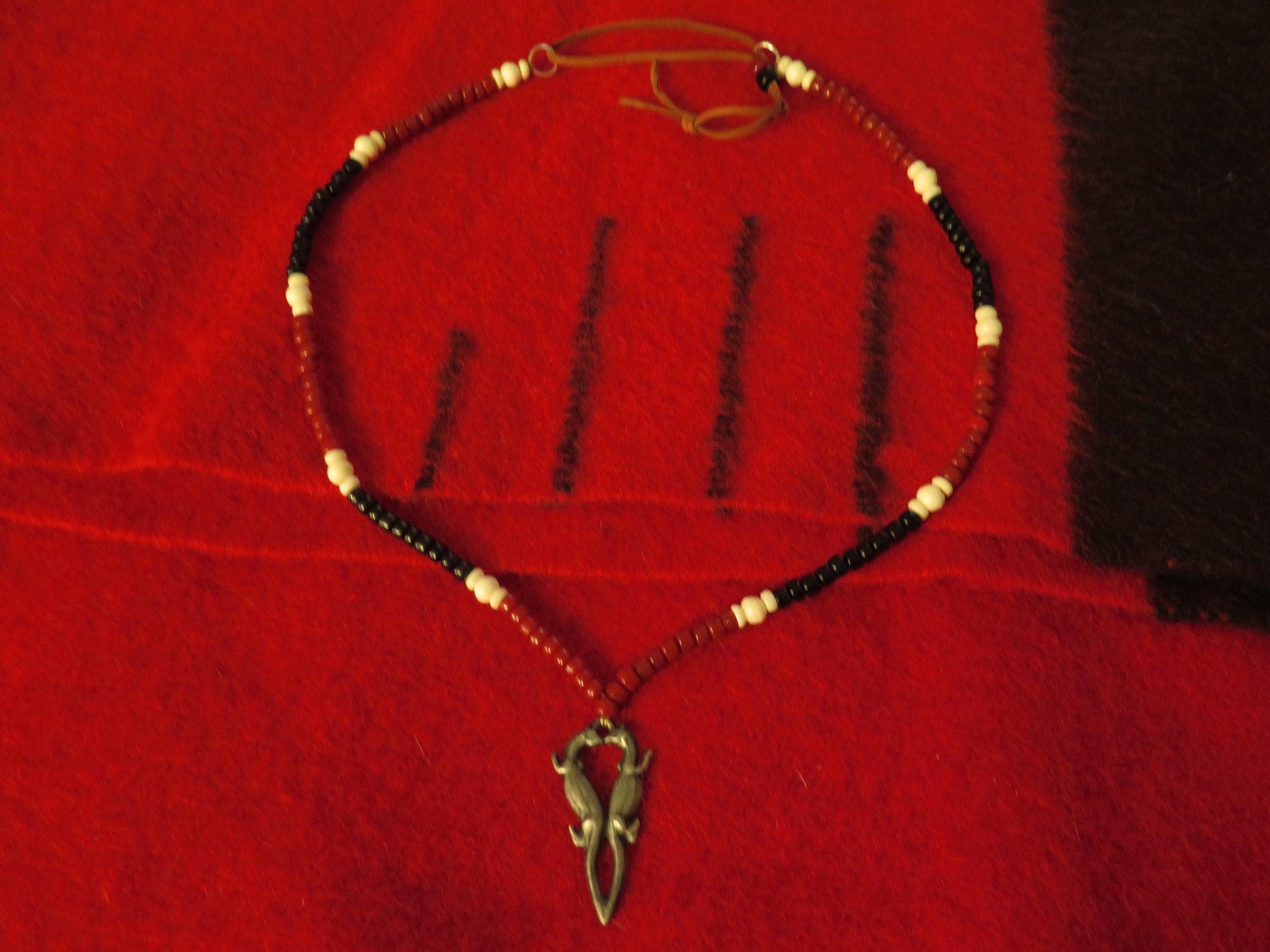 Native American Handmade Hudson Bay Fur Trade Kissing Otters Pendant Necklace | Strung with Glass Beads & Sinew - Aki Trading Post