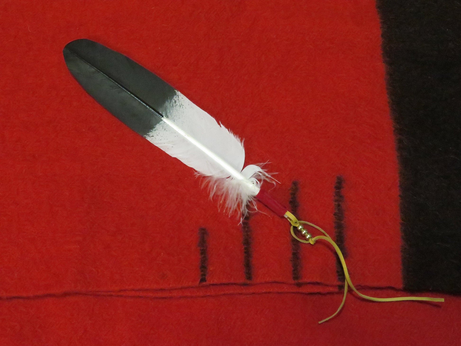 Native American Hand-Painted Feather Ties | Golden Eagle Feathers Wrapped with Leather & Brass Beads - Aki Trading Post