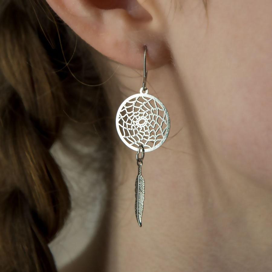 Native American Silver Dreamcatcher Feather Earrings | Hypoallergenic & Timeless - Aki Trading Post