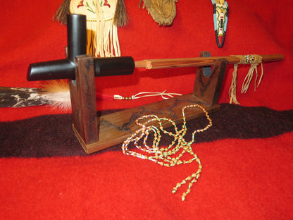 Native American Handmade 6" Steatite Peace Pipe with 24" Total Length | Sacred Plains Pipe with Beaded Cedar Stem & Walnut Stand - Aki Trading Post