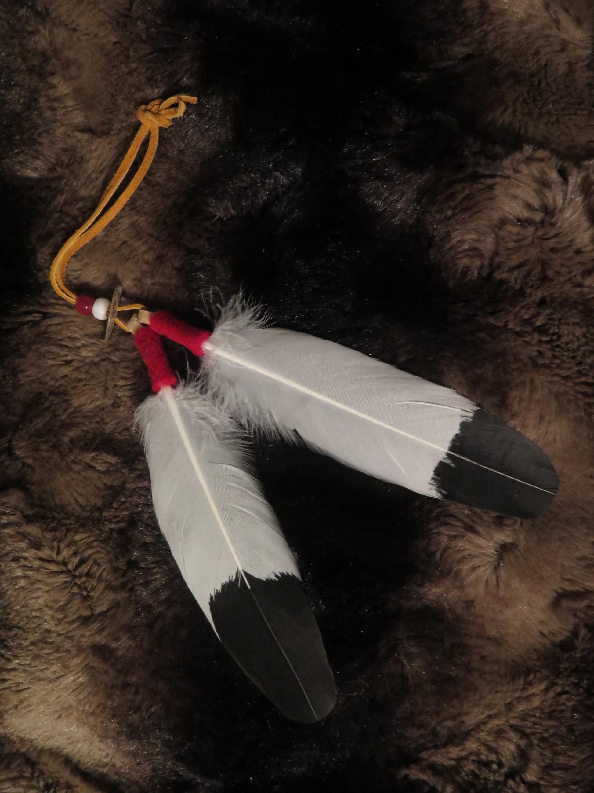 Native American Handmade Feather Hair Tie | Hand-Painted Golden Eagle Feather with Abalone Shell - Aki Trading Post