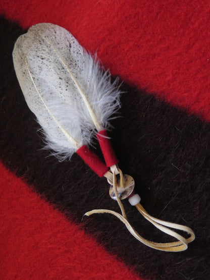 Native American Handmade Feather Hair Tie | Hand-Painted Bald Eagle Feathers with Abalone Shell & Trade Beads - Aki Trading Post