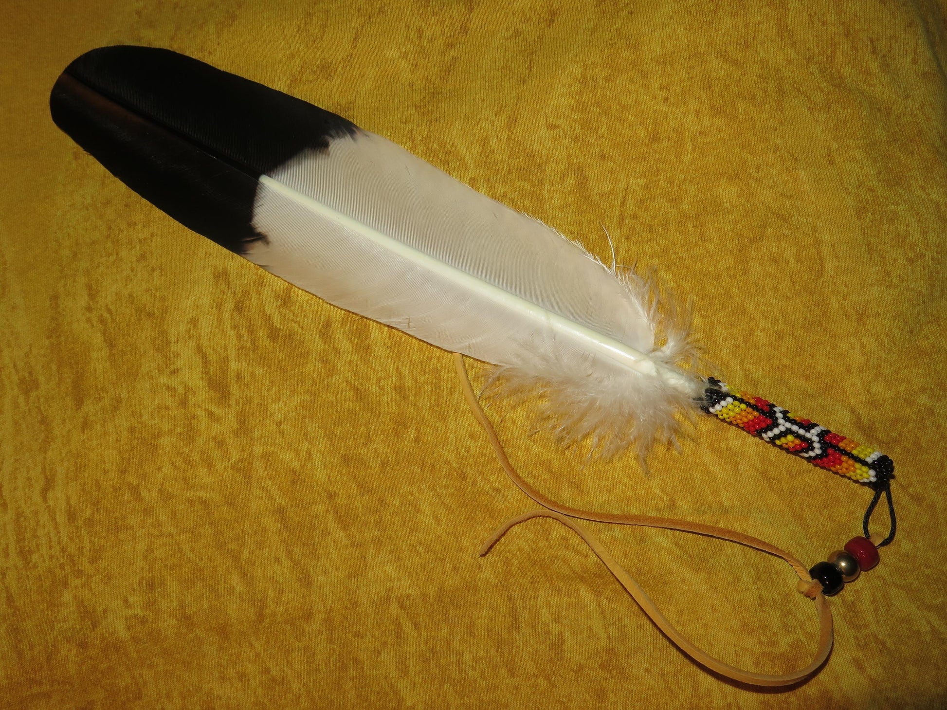 Native American Handmade Beaded Golden Eagle Feather | Smudging Feather, Feather Tie, or Hair Tie - Aki Trading Post