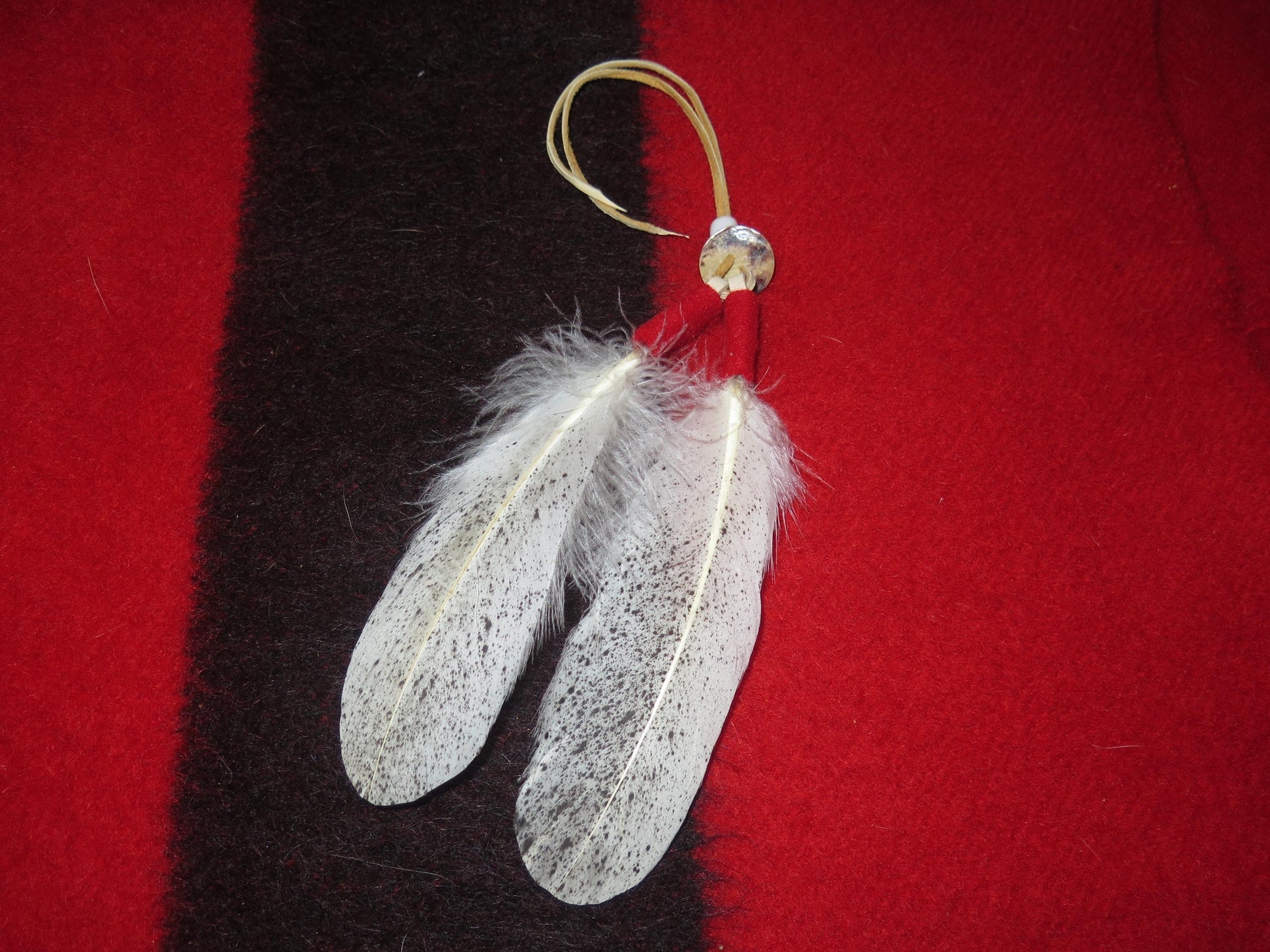Native American Handmade Feather Hair Tie | Hand-Painted Bald Eagle Feathers with Abalone Shell & Trade Beads - Aki Trading Post