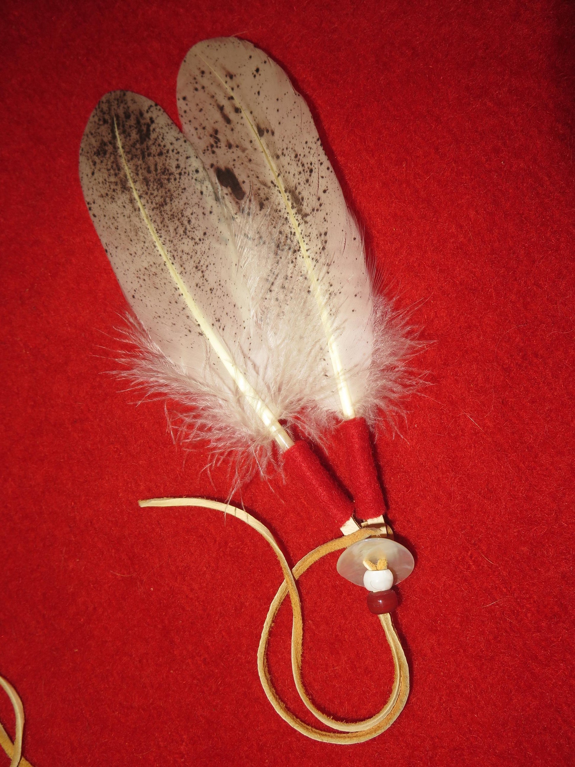 Native American Handmade Feather Hair Tie | Hand-Painted Bald Eagle Feathers with Abalone Shell & Trade Beads - Aki Trading Post