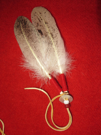 Native American Handmade Feather Hair Tie | Hand-Painted Bald Eagle Feathers with Abalone Shell & Trade Beads - Aki Trading Post